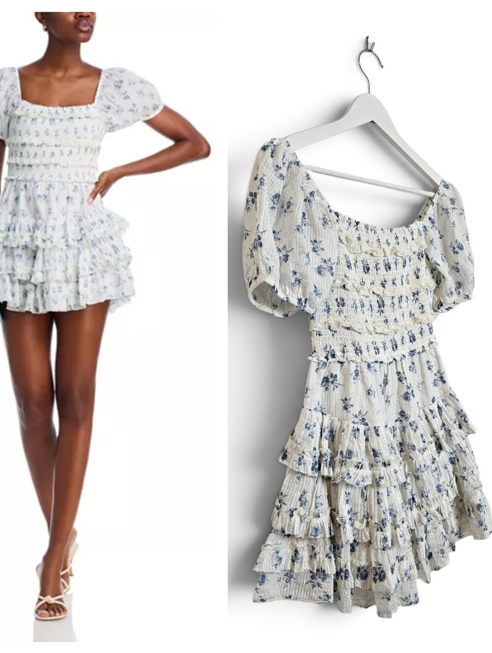 NWT LoveShackFancy Dress XS Fellows Puff Sleeve Floral Mini Coastline Blue White